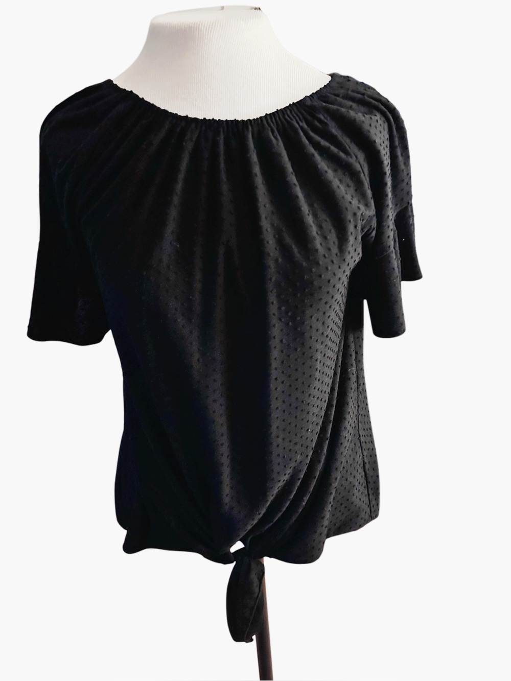 Keren Hart Black Swiss Dot Tie Front Blouse Stretchy Short Sleeve Top